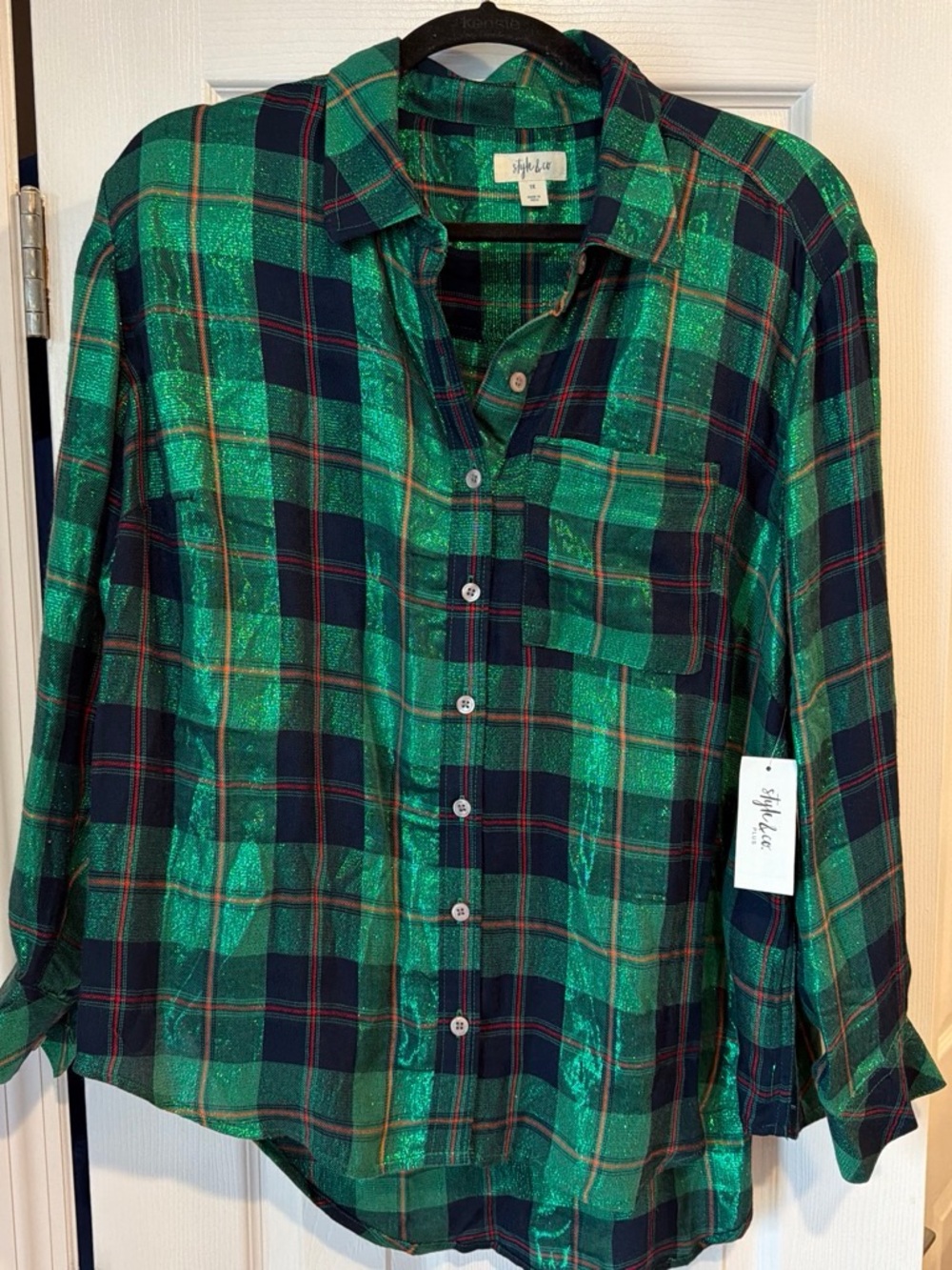 Style & Co. Metallic Emerald & Navy Plaid Button-Down Shirt